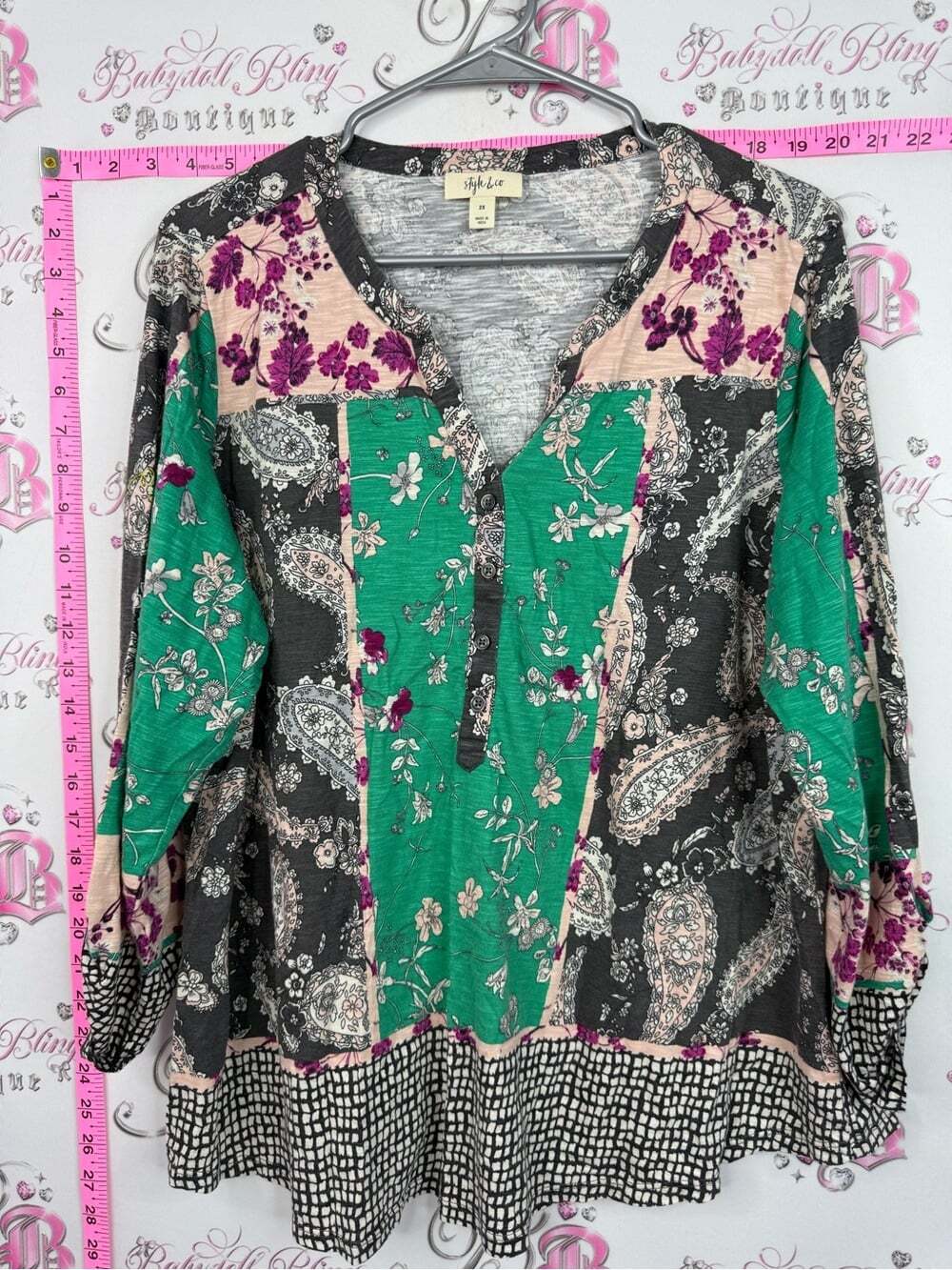 Style & Co. Shirt Womens Green Floral Patchwork Henley Top
